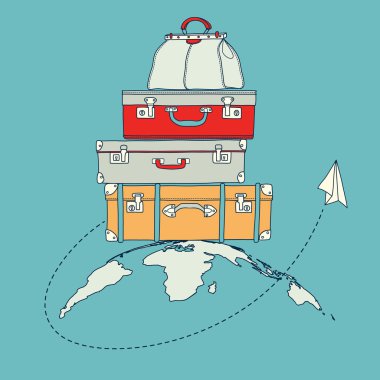 Illustration of flying paper plane around travel suitcases vector