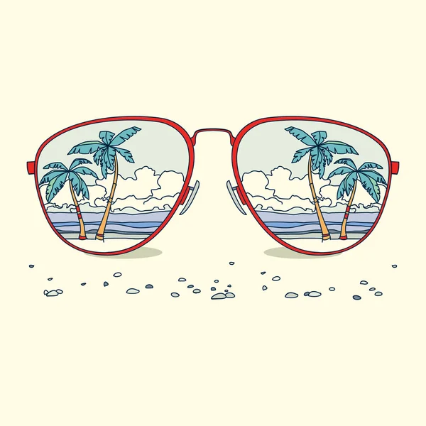 Reflection of the beach, palm trees, beach in sunglasses — Stock Vector