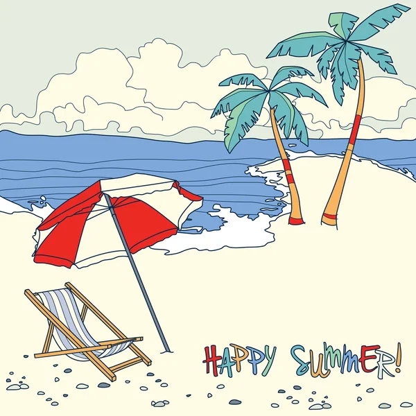 Playa con palmeras y silla de playa. Concepto vacaciones de verano — Vector de stock