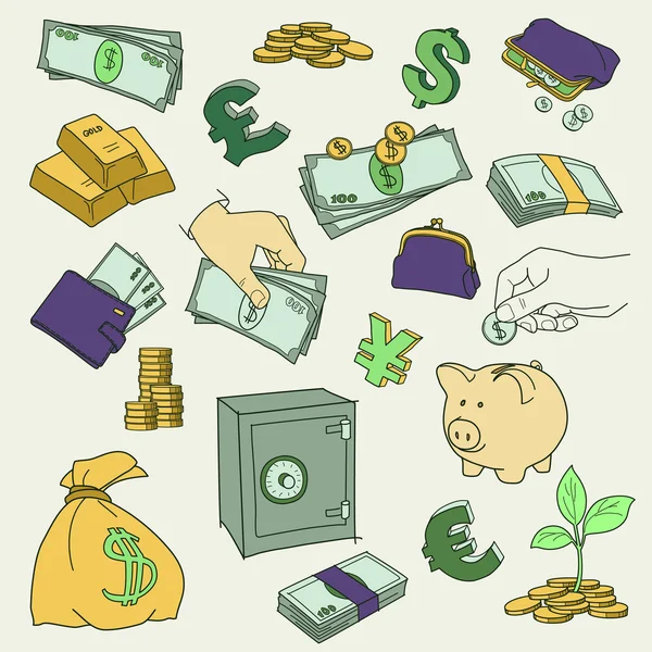 Conjunto de doodle dinheiro símbolo vetor ilustração — Vetor de Stock