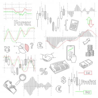 Forex market hand drawn vector background with business, financial data and diagrams