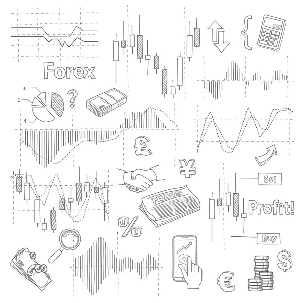 Set of business doodle elements. Forex market hand drawn illustration vector. — 图库矢量图片