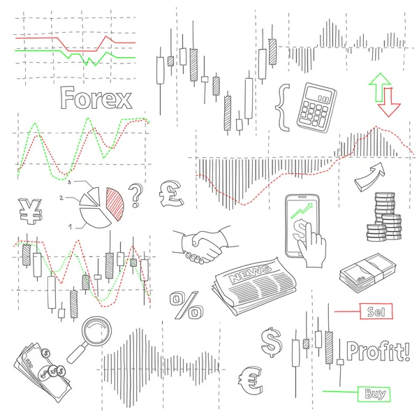 Forex marché dessiné à la main fond vectoriel avec les entreprises, les données financières et les diagrammes — Image vectorielle