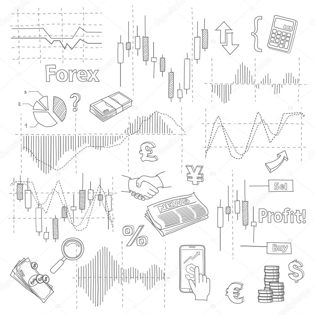 Set of business doodle elements. Forex market hand drawn illustration vector.