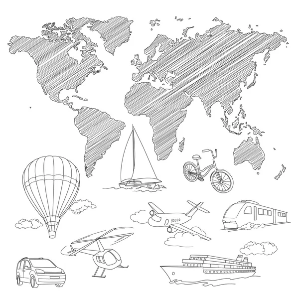 Viajes Transporte y mapa del mundo línea bosquejo vector — Vector de stock