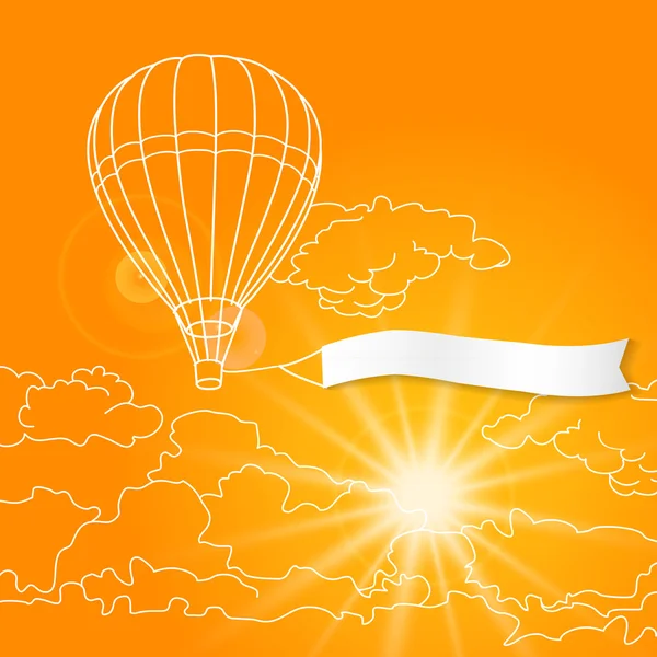 Air balloon with blank banner flying in the sunny orange clouds sky vector illustration — Stock Vector