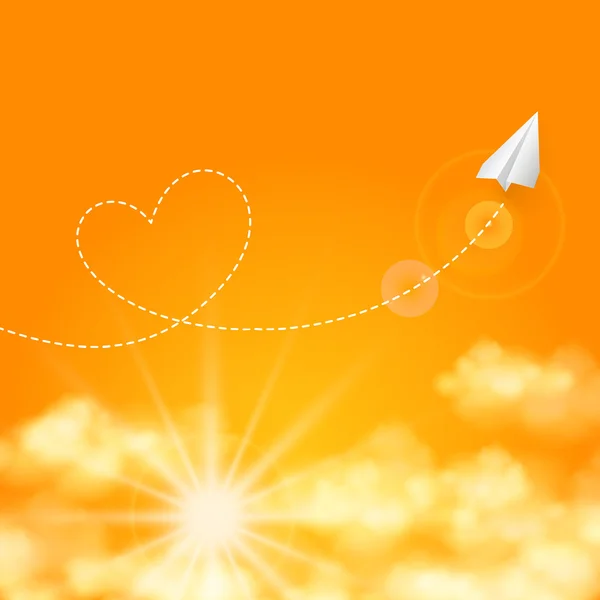 Aşk seyahat kavramı bir kağıt uçak güneşli mavi gökyüzü vektör arka planda uçan — Stok Vektör