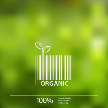 Vector blurred nature background with eco barcode label of Organic Fresh Food.  clipart