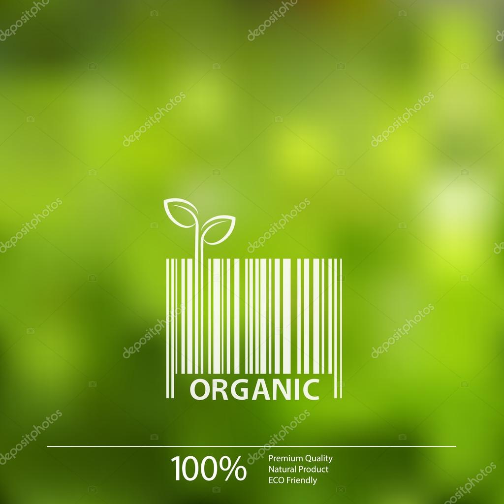 Vector blurred nature background with eco barcode label of Organic Farm Fresh Food.