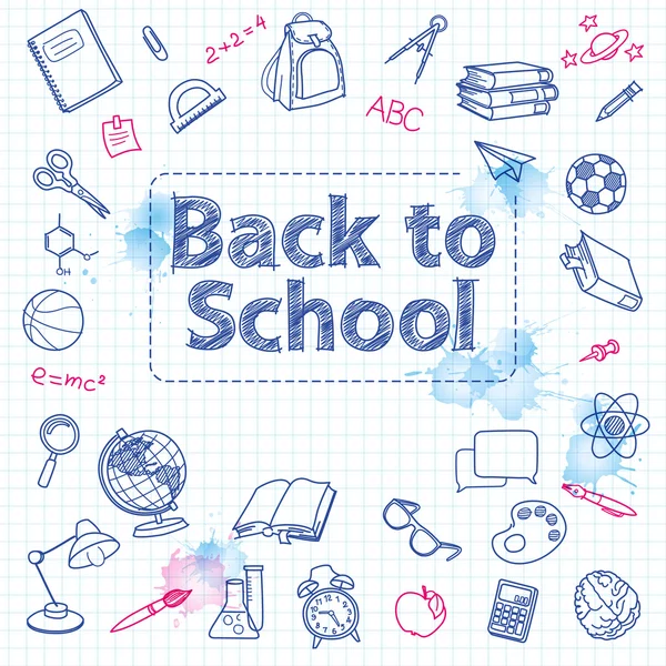 School doodle on the checkered page with watercolor blotsspace for text — Stock Vector