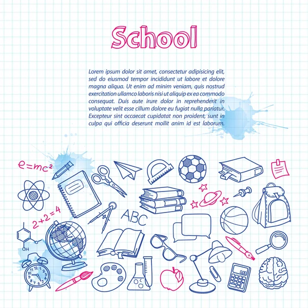 School doodle on the checkered page with watercolor blotsspace for text — Stock Vector