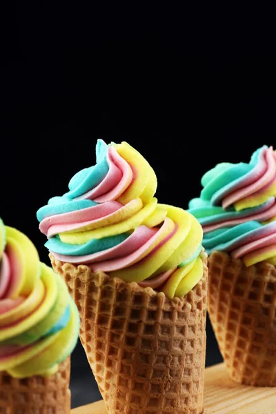 Vanilla Frozen Yogurt Rainbow Soft Ice Cream Waffle Cone — Stock Photo, Image