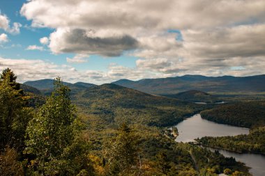 Quebec, Kanada 'da yemyeşil bir orman. Laurentian Dağları bölgesi. Sonbahar zamanı, renkli ağaçlar.