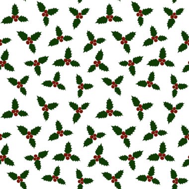 Noel süslemeleri ve el sanatları için beyaz arka planda kutsal yapraklar ve kırmızı böğürtlenlerle tatil deseni