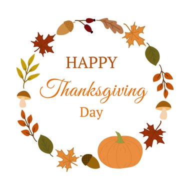 Sonbahar yaprakları, meşe palamudu, mantar ve bayramı kutlayan bir balkabağı ile dekoratif Şükran Günü çelengi.