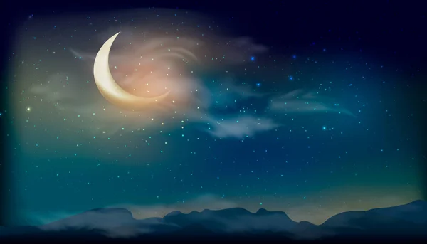 A lua cheia sobre o oceano com nuvens céu à noite — Vetor de Stock