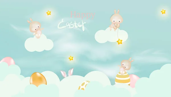 Feliz Pascua con huevos decorados, lindo conejito y flores. feliz Pascua con hermosas nubes. — Vector de stock
