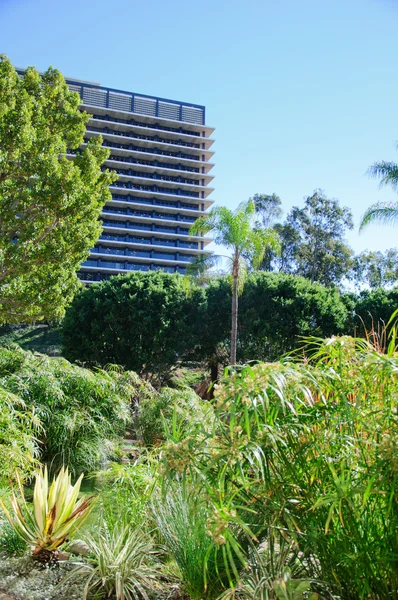 Parque de la ciudad con un moderno edificio en Los Ángeles — Foto de Stock