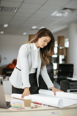 Projede çalışan genç ve güzel bir iş kadını. Takım elbiseli iş kadını ofiste çalışıyor..