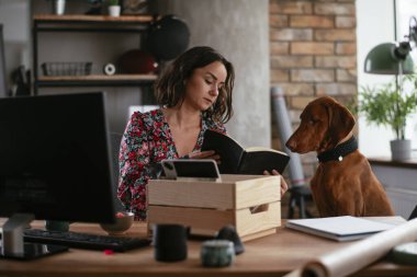 Ofisteki genç iş kadını belgeleri düzenliyor. Ofiste köpeğiyle çalışan genç bir kadın.