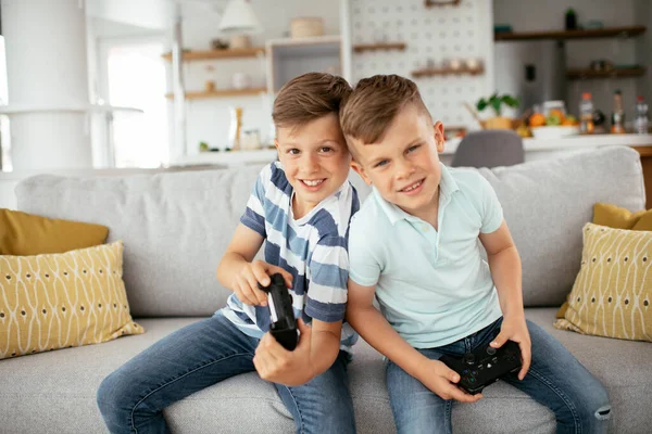 Happy brothers playing video games. Young brothers having fun while playing video games in living room