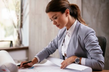 Güzel iş kadını yeni projeler üzerinde çalışıyor.