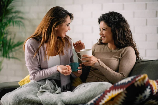 Beste Freundinnen Amüsieren Sich Beim Teetrinken Auf Dem Sofa — Stockfoto