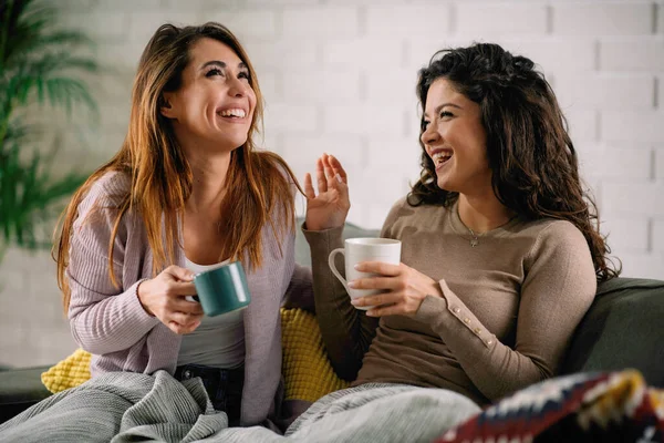 Beste Freundinnen Amüsieren Sich Beim Teetrinken Auf Dem Sofa — Stockfoto