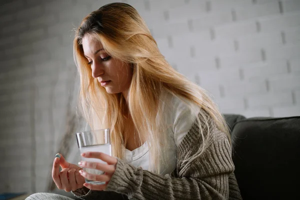 Sick Day Home Beautiful Young Woman Caught Cold Flu Illness — Stock Photo, Image