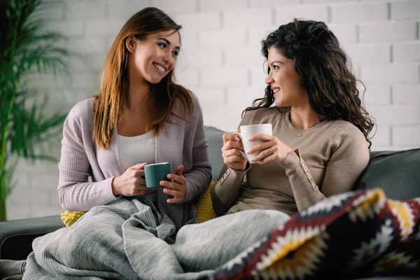 Teman Baik Perempuan Bersenang Senang Sambil Minum Teh Sofa — Stok Foto