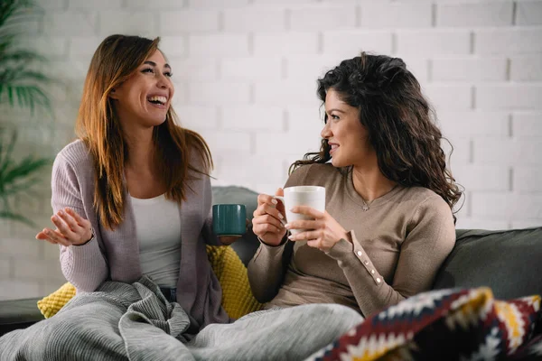 Teman Baik Perempuan Bersenang Senang Sambil Minum Teh Sofa — Stok Foto