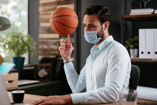 Businessman Medical Mask Working Office Businessman His Work Place Medical Royalty Free Stock Photos