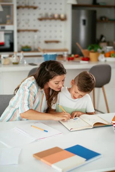 Beautiful Young Mother Helping Her Kid Homework Stock Photo