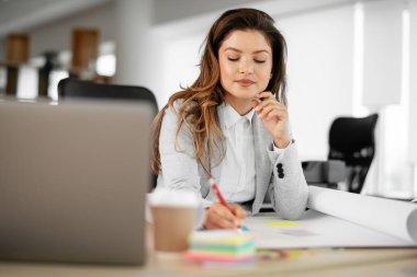 Ofiste proje üzerinde çalışan güzel bir genç kadın.