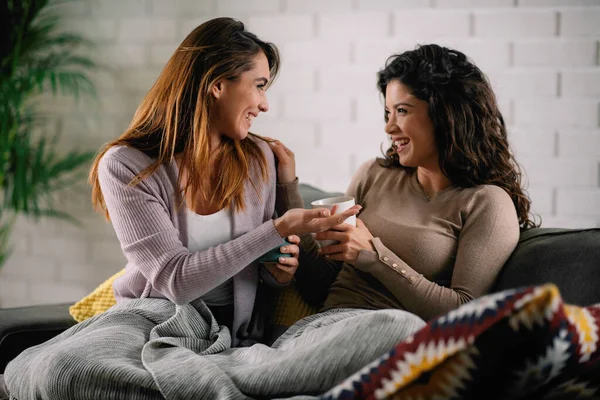 Beste Freundinnen Amüsieren Sich Beim Teetrinken Auf Dem Sofa — Stockfoto