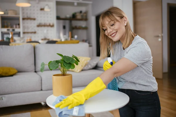 Genç ve çekici bir kadın evi temizliyor. Evde güzel bir kadın var..