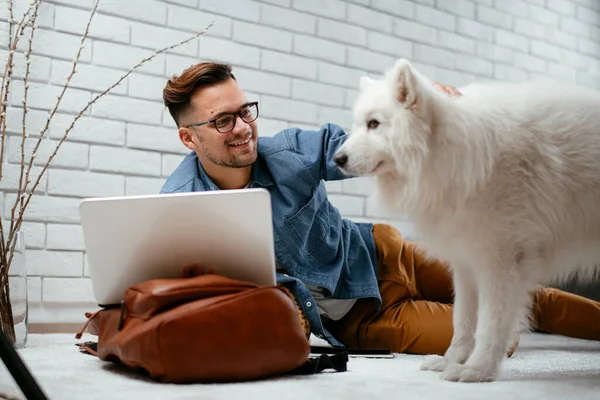 Adam dizüstü bilgisayarla çalışırken köpeğiyle yerde oynuyor. Samoe köpeğiyle oynayan adam..