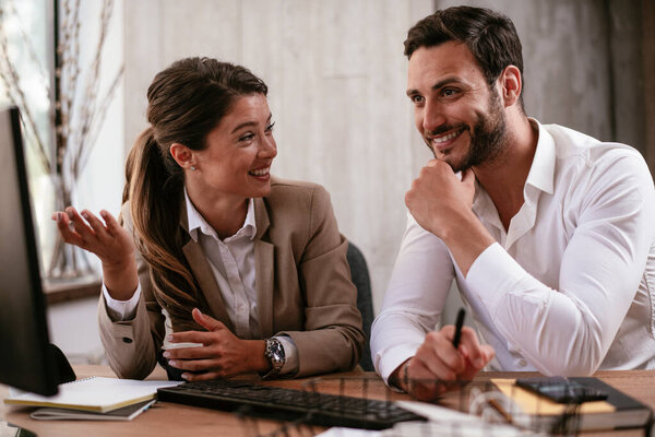 Colleagues Office Businesswoman Businessman Discussing Work Office Two Friends Working Stock Image