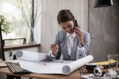 Projeler üzerinde çalışan güzel bir iş kadını. Genç iş kadını çalışırken telefonla konuşuyor..