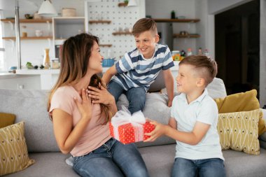 İki küçük oğul annelerine bir hediye veriyorlar. Annem oğullarından hediye aldığına şaşırdı.