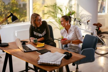 İki iş kadını ofiste iş hakkında konuşuyor.