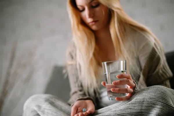 Sick Day Home Beautiful Young Woman Caught Cold Flu Illness — Stock Photo, Image