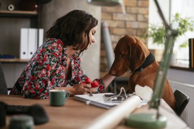 Adam dizüstü bilgisayarla çalışırken köpeğiyle yerde oynuyor. Samoe köpeğiyle oynayan adam..