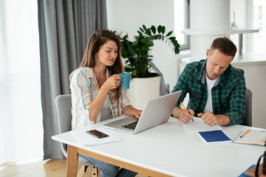 Erkek ve kadın evde dizüstü bilgisayar kullanarak çalışıyor.