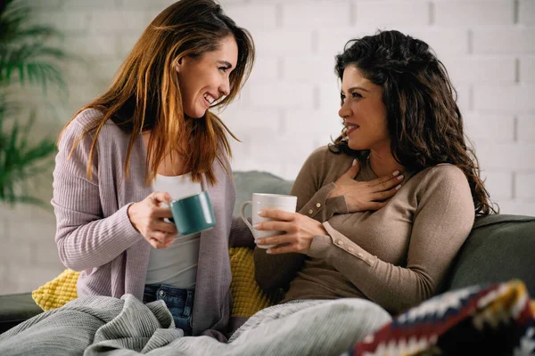 Beste Freundinnen Amüsieren Sich Beim Teetrinken Auf Dem Sofa — Stockfoto