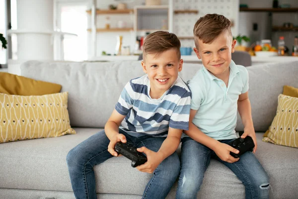 Happy brothers playing video games. Young brothers having fun while playing video games in living room