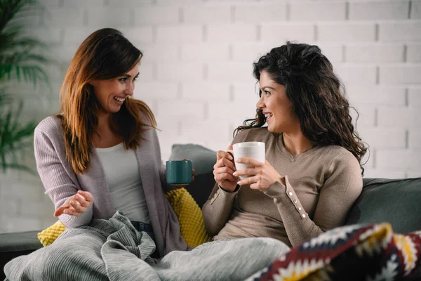 Female best friends having fun while drinking tea on the sofa