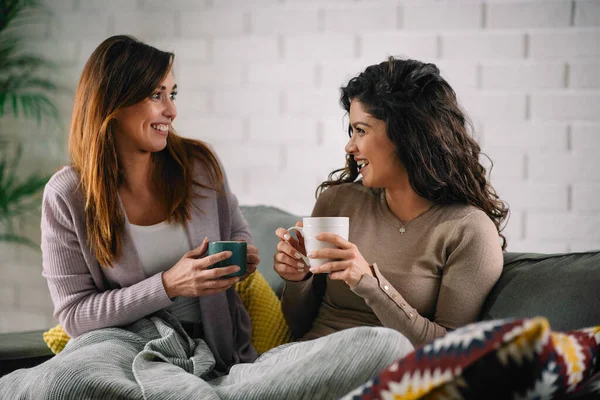 Beste Freundinnen Amüsieren Sich Beim Teetrinken Auf Dem Sofa — Stockfoto