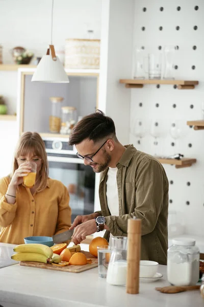 Young Couple Making Breakfast Home Loving Couple Having Fun Kitchen Stock Picture