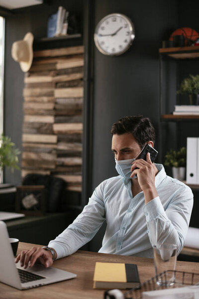 Businessman Using Phone Young Businessman Medical Mask Working His Office Royalty Free Stock Images
